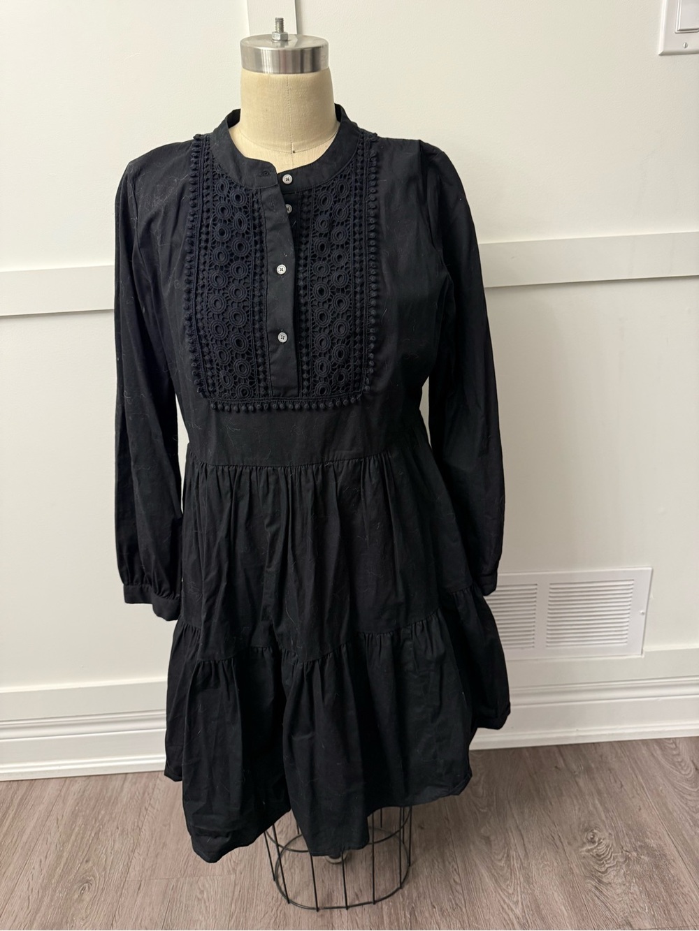 J. Crew Black Long-Sleeve Tiered Dress with Lace Bib Detail